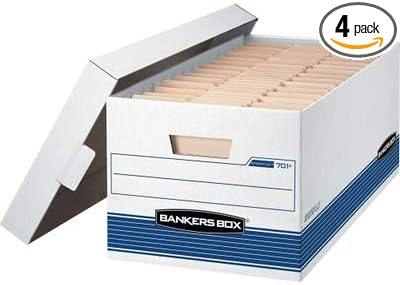 FELLOWES Manufacturing 70104 Stor/File Storage Box, Letter, Locking Lid, White/Blue, 4/Carton