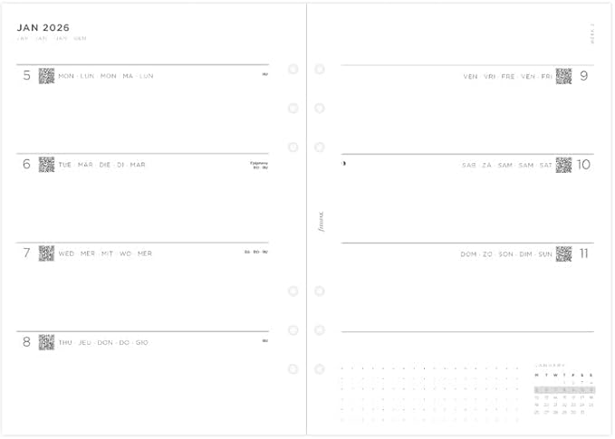 Filofax Calendar Diary Refill, A5 Size, Week-to-View, Minimal Diary Pack, White Paper, Multilingual: Five Languages, 2026 (C68590-26)