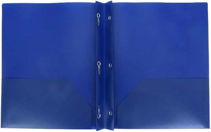 Letter Size Plastic Folder with Pockets and 3 Metel Prongs (Blue)