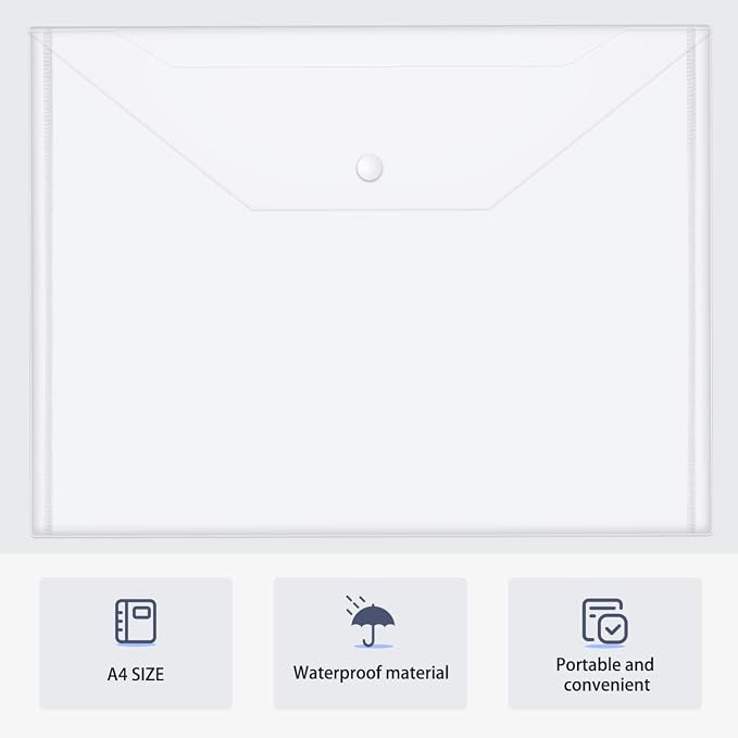 JIKIOU 30pcs Plastic Envelopes, Clear Reusable Poly Envelope Waterproof File Folder with Snap Button, Us Letter/A4 Size