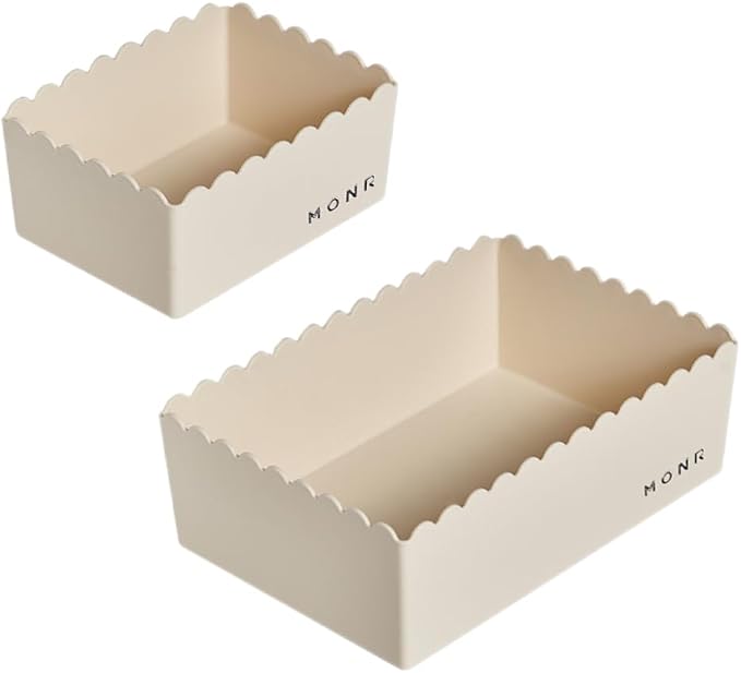 Desktop Storage Basket, 2-Pack, Decorative Scalloped Plastic Organizer, Kawaii Style (Light White, Large and Small)