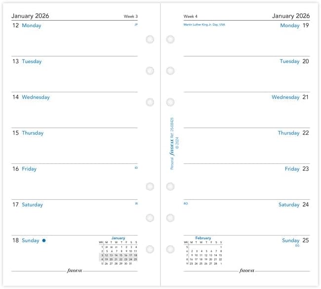 Filofax Calendar Diary Refill, Personal/Compact Size, Week on One Page, White Paper, Unruled, English, 2026 (C68426-26)