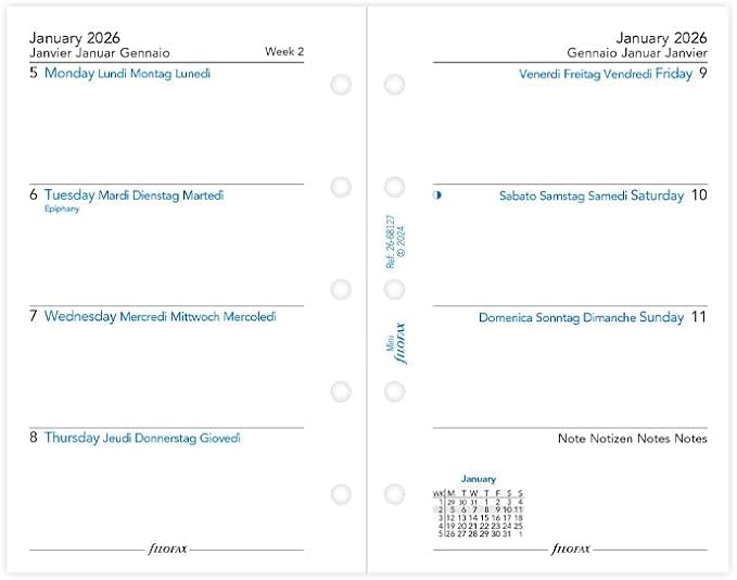 Filofax Calendar Diary Refill, Mini Size, Week-to-View, White Paper, Unruled, Multilingual: Four Languages, 2026 (C68127-26)
