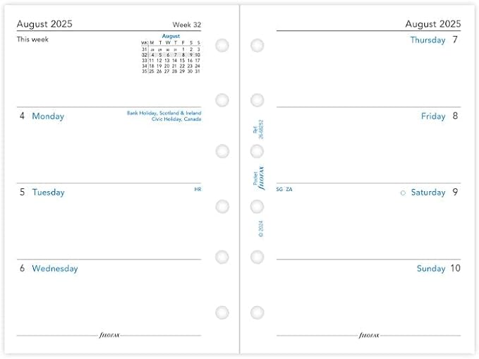 Filofax Calendar Diary Refill, Pocket Size, Week-to-View, Academic, White Paper, Unruled, English, August 2025 to July 2026 (C68252-26)