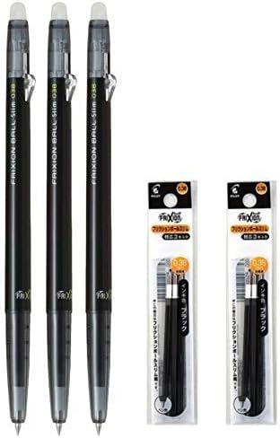 Pilot FriXion Ball Slim 038 Retractable Erasable Gel Ink Pen, Extra Fine Point 0.38mm, Black Ink, 3 Pens & 6 Refills Value Set