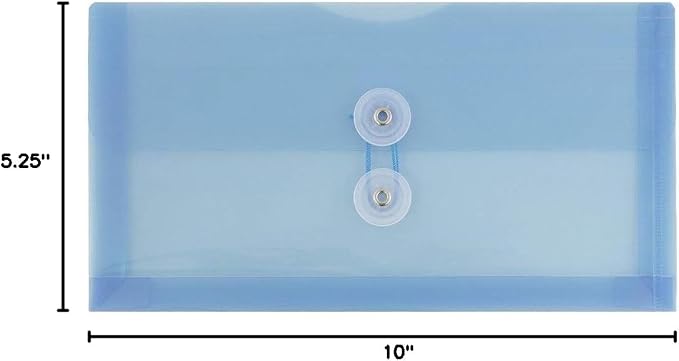 JAM PAPER Plastic Envelopes with Button & String Tie Closure - #10 Business Booklet - 5 1/4 x 10 - Blue - 12/Pack