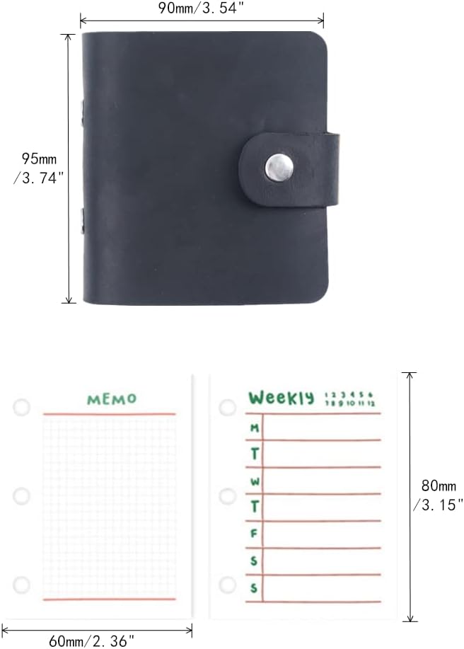 A9 Genuine Leather Journal, Black Handmade Leather Pocket Size Binder Planner, Mini Vintage Leather Planner, 120 Sheets Pages, Loose Leaf 3-Ring with Snap Button Closure (Black)