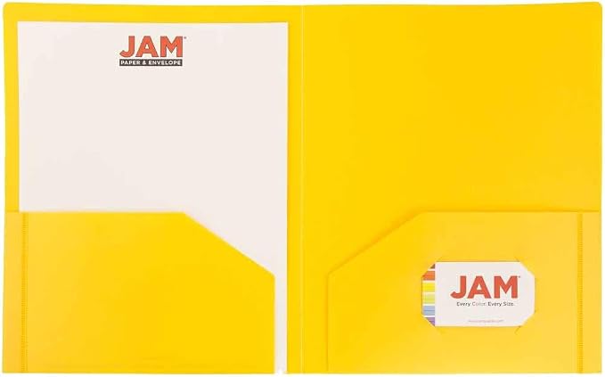 JAM PAPER Heavy Duty Plastic 2 Pocket Extra Tough School Folders - Yellow - 12/Pack