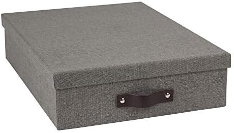 Bigso Oskar Canvas Fiberboard Document Letter Box - File Organizer Box for Important Paperwork - Document Storage with a Lid & Leather Handle - 3.3 in x 10.2 in x 13.8 in - Gray (Pack of 2)