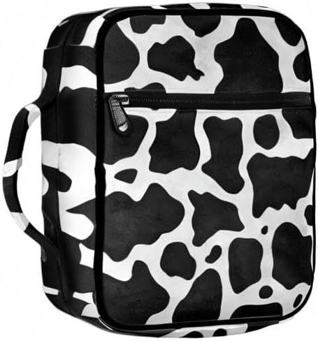 Suobstales Cow Print Bible Cover Carrying Book Case for Women Girls Black White Animal Pattern Bible Bag Bible Protective with Handle and Zippered Pocket