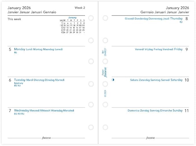 Filofax Calendar Diary Refill, Pocket Size, Week-to-View, White Paper, Unruled, Multilingual: Five Languages, 2026 (C68227-26)