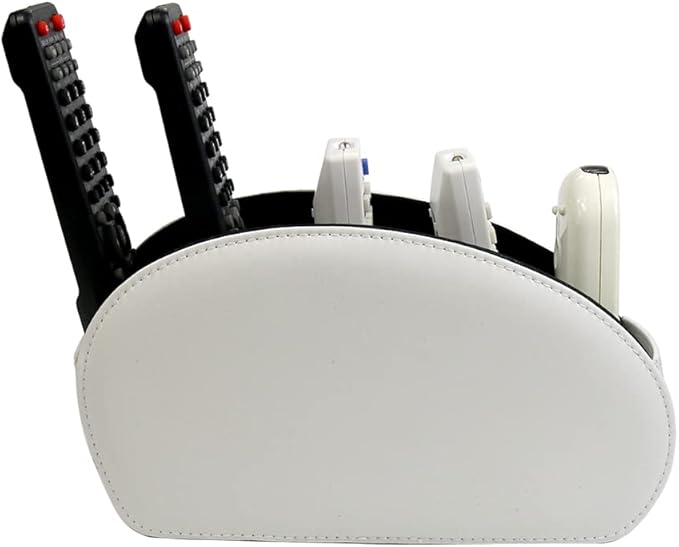 Remote Control Holder Organizer Desk Leather Cases Control Storage TV Remote Control Organizer with 5 Spacious Compartments (White with Metal Bottom)