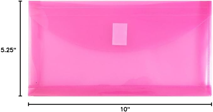 JAM PAPER Plastic Expansion Envelopes with Hook & Loop Closure - #10 Booklet Wallet - 5 1/4 x 10 with 1 Inch Expansion - Fuchsia Pink - 12/Pack