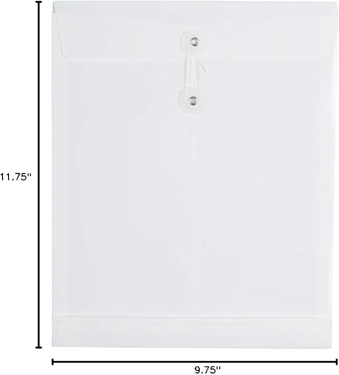 JAM PAPER Plastic Envelopes with Button & String Tie Closure - Letter Open End - 9 3/4 x 11 3/4 - White - 12/Pack