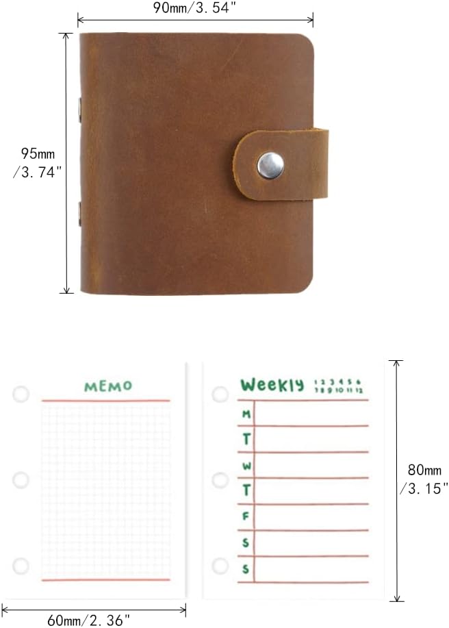 A9 Genuine Leather Journal, Brown Handmade Leather Pocket Size Binder Planner, Mini Vintage Leather Planner, 120 Sheets Pages, Loose Leaf 3-Ring with Snap Button Closure (Brown)