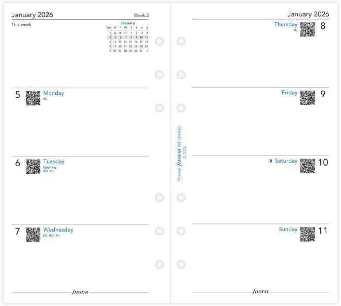 Filofax Calendar Diary Refill, Personal/Compact Size, Week-to-View, White Paper, Unruled, English, 2026 (C68421-26)