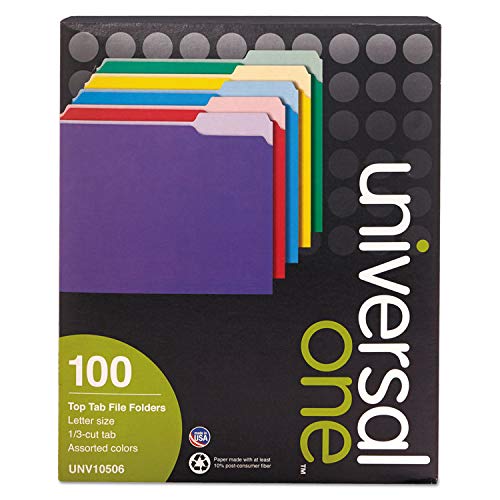Universal 10506 File Folders, 1/3 Cut Single-Ply Top Tab, Letter, Assorted, 100/Box