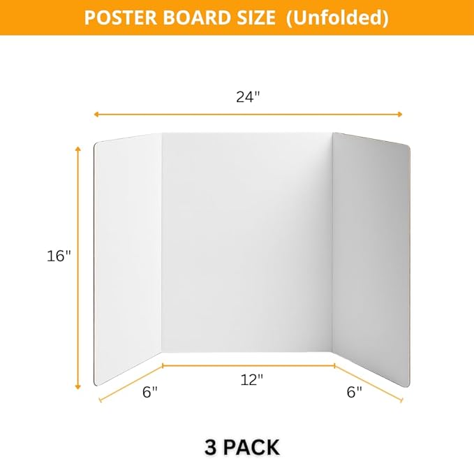 Trifold Poster Board 16"x24" 3 Pack Corrugated Display Board with Bonus 5 Colored A4 Sheets & Label, White Front Kraft Back Perfect for School Projects, Business Presentations, Science Fairs (White)
