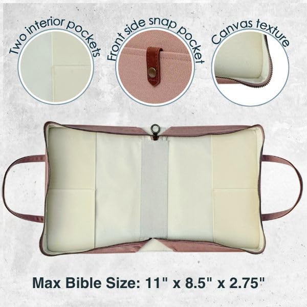 Bible Cover for Women Canvas Case with Leather Handles, Purse Style Bible Bag with Zippered Closure and Snap Pocket (Dusy Rose Pink, Large Bibles)
