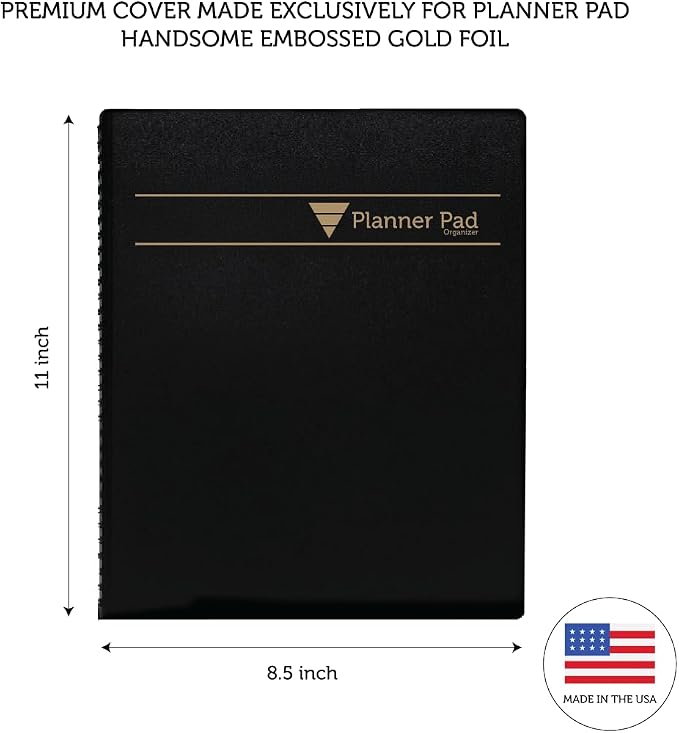 Planner Pad Spiral Bound January-December 2026/ Calendar Year 8 1/2" x 11" Large 3-Tier Funnel Down 12 Month Organizer, Black Cover/Black Ink