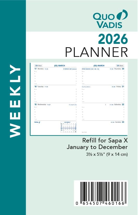Quo Vadis 2026 Refill For Sapa X - Weekly Planner - 12 Months, Jan. to Dec. - 3 1/2 x 5 1/4" - Productivity Time Management Organizer