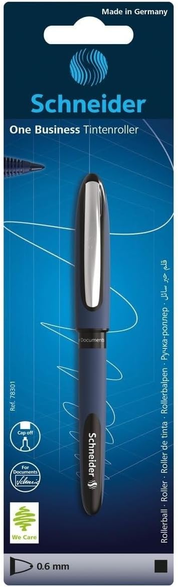 Schneider One Business Rollerball Pen, 0.6 mm Ultra-Smooth Tip, Blue Barrel, Black Ink, Blister Pack of 1 Pen (78301)