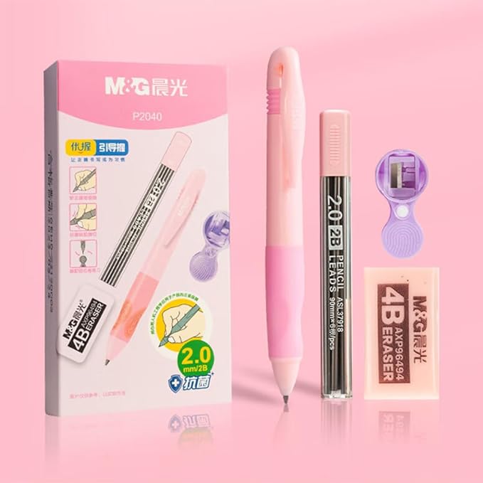 M&G Mechanical Pencil Set, 2mm Mechanical Pencil, With Eraser Refill and Sharpener, School Supplies, Drawing Pencils, Sketching Pencils,Aesthetic Mechanical Pencils for Writing (Pink)