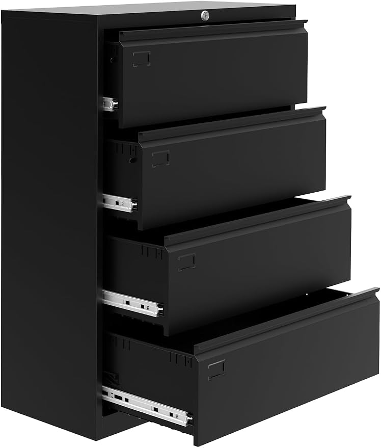 4-Drawer Lateral File Cabinet with Lock, Steel Filing Cabinet for Letter/Legal/a4, Space-Saving Office Storage Organizer, Smooth Full Extension Drawers, Easy Assembly, Black