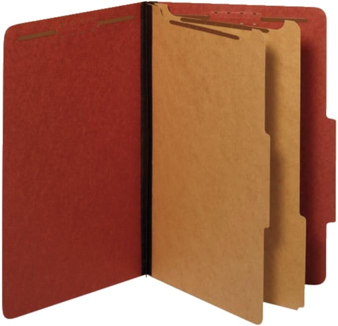Pendaflex Recycled Classification File Folders, 2 Dividers, 2" Embedded Fasteners, 2/5 Tab Cut, Legal Size, Red, Box of 10 (29075R)