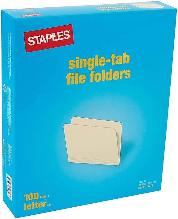 Staples Single‑Tab File Folders, Letter Size, Manila, Durable Paper Stock, 100/Box