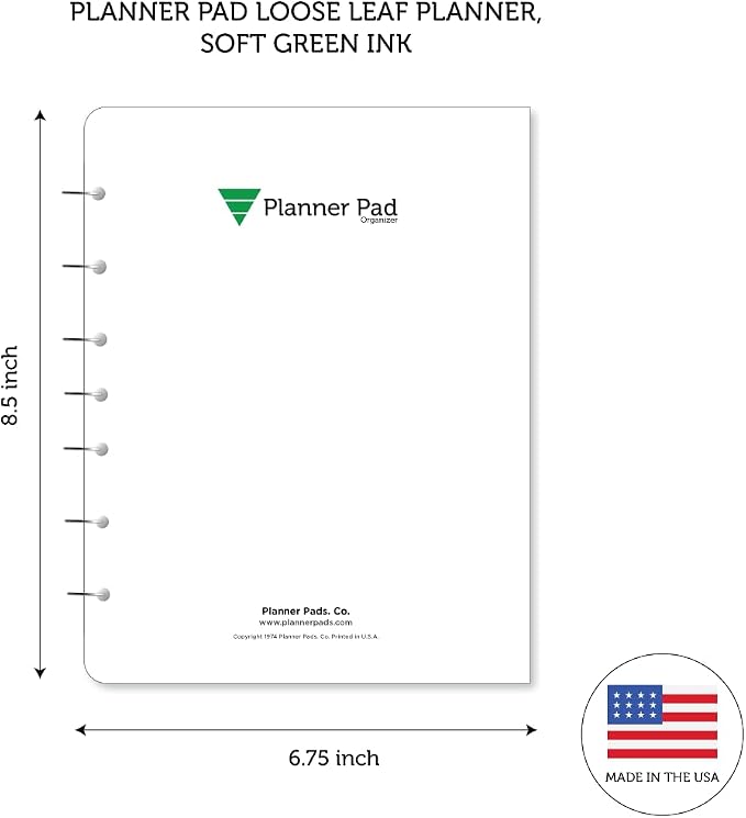 Planner Pad 7 Hole Loose Leaf January-December 2026/ Calendar Year 6 3/4" x 8 1/2" Medium 3-Tier Funnel Down 12 Month Organizer, Soft Green Ink