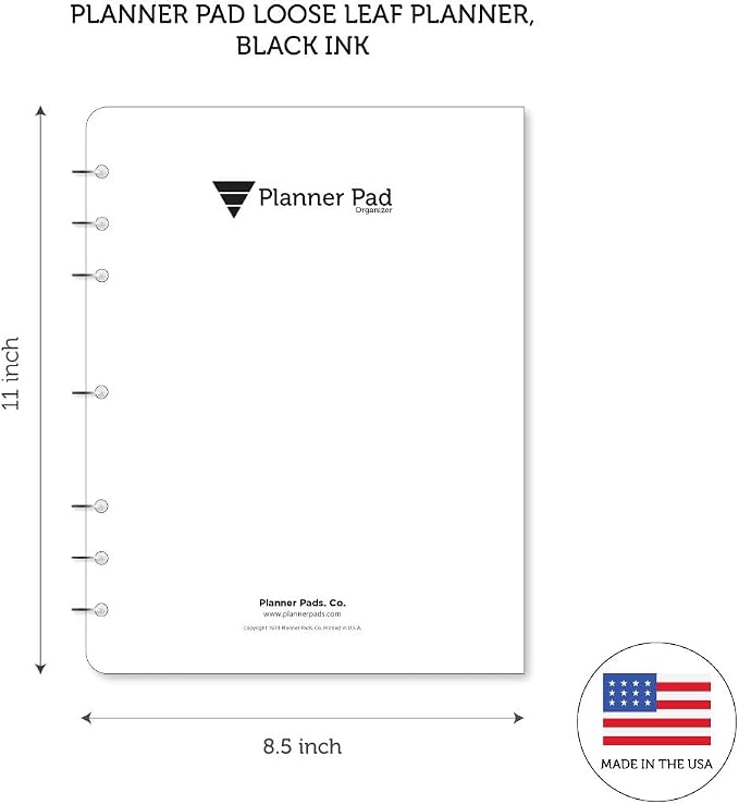 Planner Pad 7 Hole Loose Leaf 3-Tier Funnel Down 12 Month Organizer, October 2025 – September 2026 / Academic Year Black Ink, 8 1/2" x 11”
