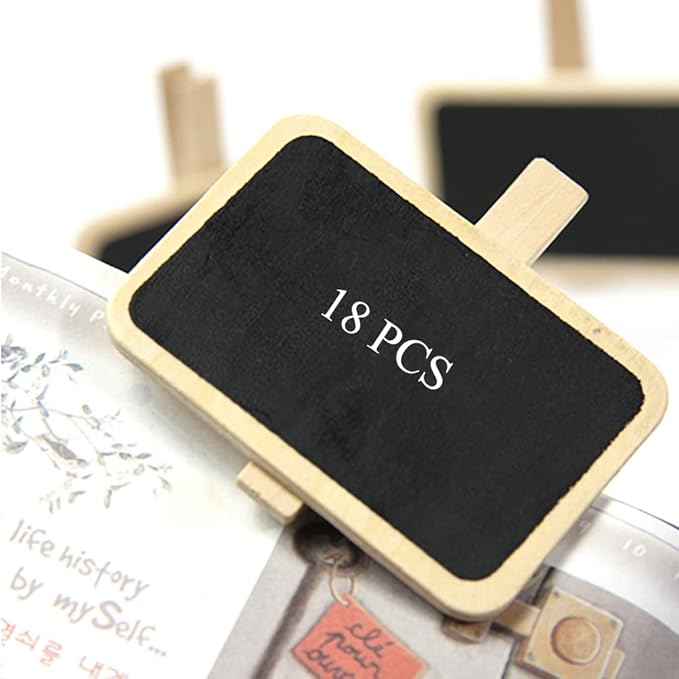 Hahiyo 2.78 x 2 Inch Mini Chalkboard Clip Help Marking Nice Display Easy Writing Quick Switch Reusable Rectangle Wooden Message Board Labels Signs 18 PCS for Party Food Tag Memo Note Organize Pantry