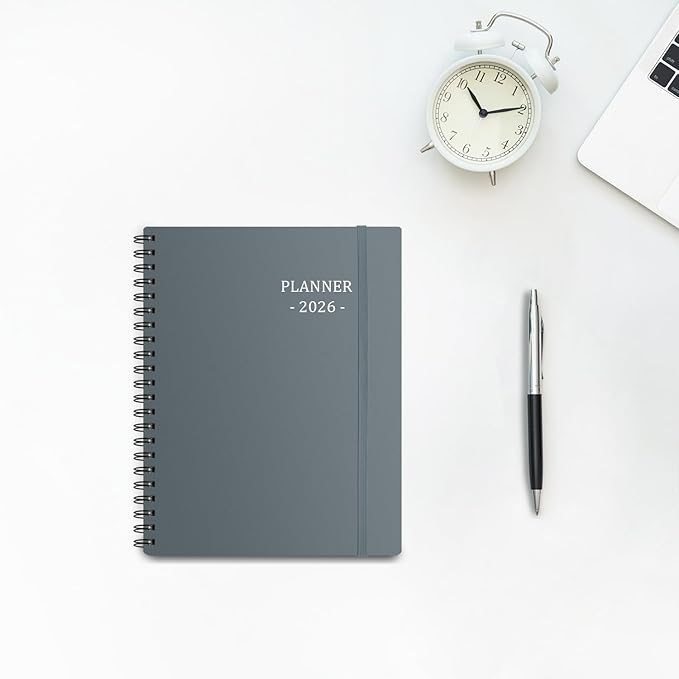 Tiankool Planner 2026, Jan 2026 - Dec 2026 Weekly Monthly Planner with 12 Monthly Tabs and Elastic Closure, Inner Pocket, Round Corner,5.8" x 8.25"- Grey