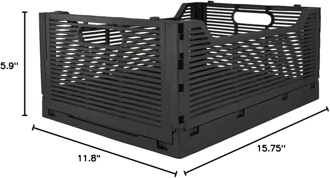 OnDisplay Stackable Folding Desk/Beauty/Closet Storage Crate - Foldable Space Saving Bins for Home Kitchen Classroom Office Vanity Bathroom Pantry (Single Large - With Letters, Black)