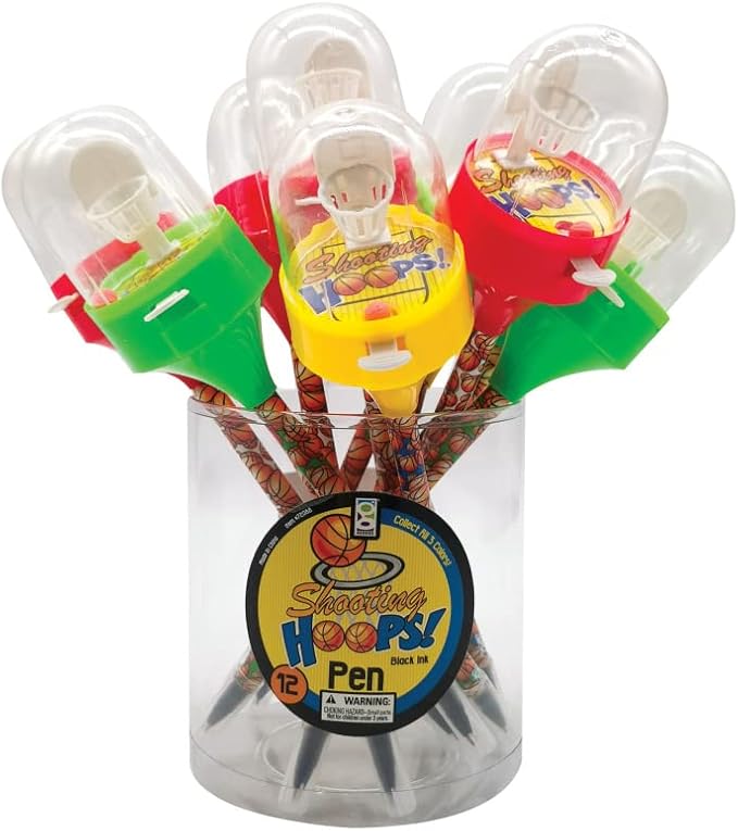 Geddes Shooting Hoops Fidget Pens for Kids (12 Pack) - Basketball Design Novelty on Each Barrel - Black Ink Colorful