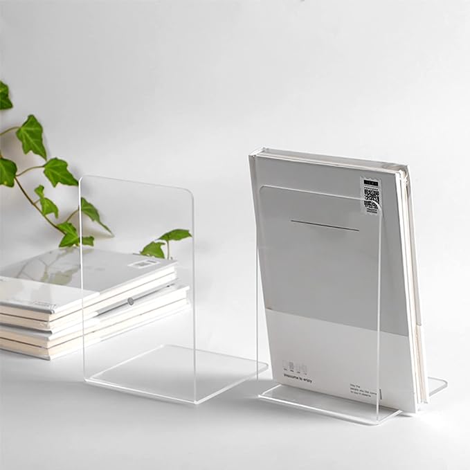 Lulonpon 8 Pieces Book Ends, Bookends, Books Stand, Books Stoppper, Clear Bookend for Shelves, Acrylic Book Ends for School, Library, Desktop Organizer 