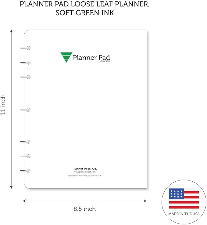 Planner Pad 7 Hole Loose Leaf 3-Tier Funnel Down 12 Month Organizer, October 2025 – September 2026, Soft Green Ink, 8 1/2" x 11”