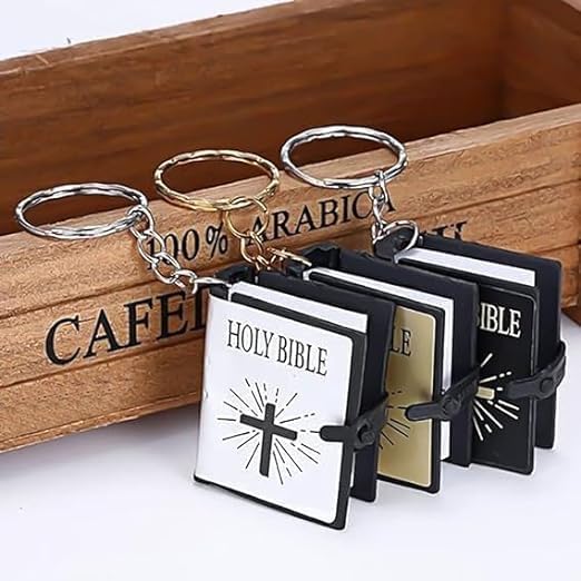 Jowxsx 3 Pcs Bible Keychain,Miniature Real Bible Key Chains Keyrings Handbag Pendant Xmas Gift Religious Favors Black Silver Gold Bible Covers, Book and Bible Covers