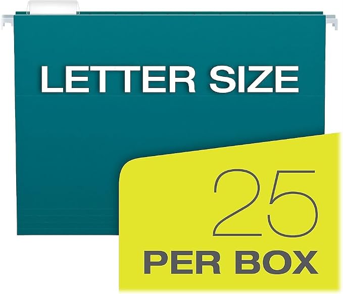 Pendaflex Recycled Hanging File Folders, 25 Pack, Letter Size (8.5" x 11"), Assorted Colors, 5 Tab Positions, Includes Tabs and Inserts, Eco-Friendly Hanging Files for Office and Document Organization