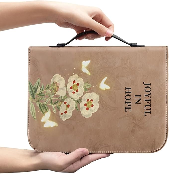 Bible Case with Handle and Zipper, Premium PU Leather Waterproof Bible Cover 11.2 x 8 x 2.2 Inches, Book Case for Standard Size Bibles with Pen Storage, Bible Accessories Gifts (Joyful)