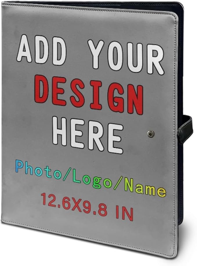 Professional Padfolio with Clipboard, Business Resume Portfolio Folder, Leather Notepad Portfolio Organizer with Logo Text Picture, Gray
