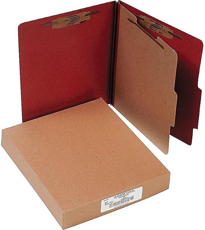 ACCO Classification Folders with Fasteners, Pressboard, 4-Part, Letter Size, Red, 10 per Box (15034)