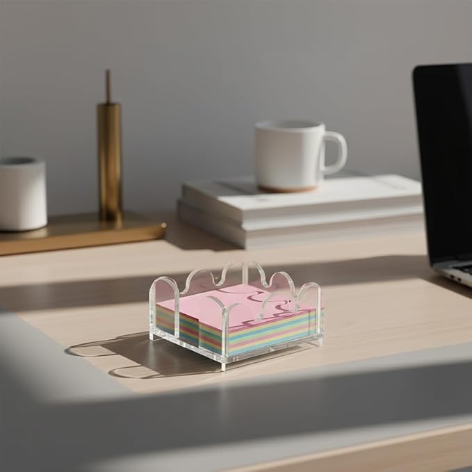 Acrylic Sticky Note Holder, 3 x 3 Inch Wavy Clear Sticky Note Dispenser, Crystal Clear Notepad Holder for Office Desk and Dorm Room, 1 Pack