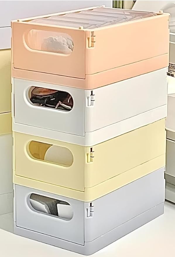 4 Pack Plastic Storage Collapsible Crate Organizer Basket Bin for Organizing Desk Drawer Shelf for Home Kitchen Bedroom Bathroom and Dorm Storage, 9.8x6.5x3.8in, Colorful