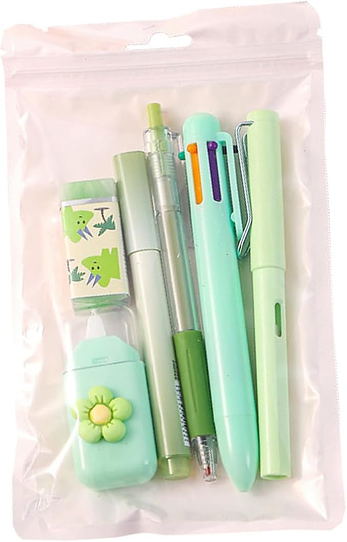 6Pcs Stationeries Set with Retractable Gel Pen Multicolored Pen Eraser Pencil Marker White Out Correction Tape Supplies