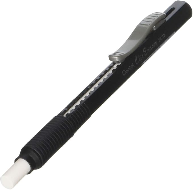Pentel Clic Eraser, Retractable, Pocket Clip, Rubber Grip, Black Barrel (PENZE22A)