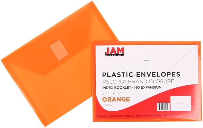 JAM PAPER Plastic Envelopes with Hook & Loop Closure - Index - 5 1/2 x 7 1/2 - Orange - 12/Pack