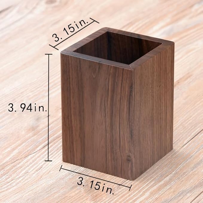 Wooden Pen Holder for Desk, Multi-Functional Pen Cup Pencil Holder for Office School Supplies Storage, Black Walnut Desk Organizer and Accessories(Square)