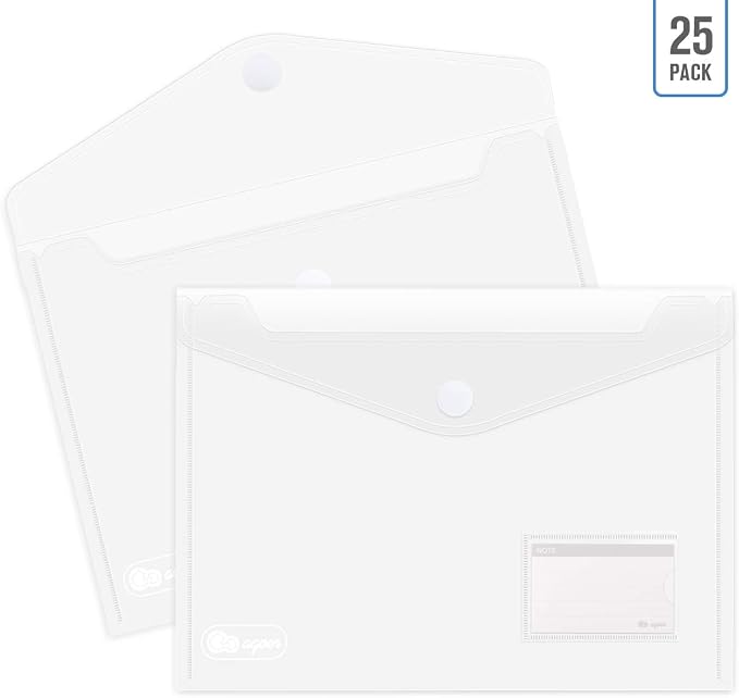 ABSOFINE 25 Pack Transparent Plastic Envelope Folders, A4 Letter Size, 100% Clear, Hook & Loop Closure, Label Pocket, Easy Storage